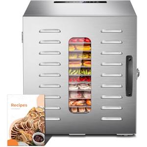 Kwasyo Essiccatore Alimentare in Acciaio Inox DA 1000, superficie di essiccazione XXL 1,8 m², temperatura regolabile 30-90℃, display LED, 24 ore, senza BPA, con ricettario, 10 vassoi in acciaio inox