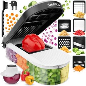 Fullstar Taglia Verdure e Mandolina Affetta Verdure - Tritatutto Manuale Cetrioli Cipolle Carote Patate - Tagliaverdure Multifunzione Cubetti Julienne - Grattugia Formaggio (Compatto 6-in-1 Bianco)