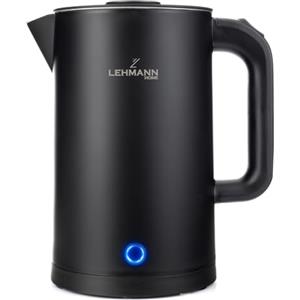 LEHMANN Bollitore Elettrico, 1,7L, 2200W, Riscaldamento Rapido, Design a Doppia Parete, Acciaio Inox, Base Girevole 360°, Spegnimento Automatico, BPA-free - per Tè, Caffè, Pappe, Nero
