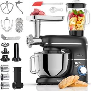 Fentic 6 in 1 Impastatrice Planetaria - 2000W - Con Tritacarne, Frullatore da 1,5L, Tagliaverure, Accessori Extra - Robot da Cucina con Ciotola 6.2L, Frusta, Gancio Impastare, Mescolatore (Nero)