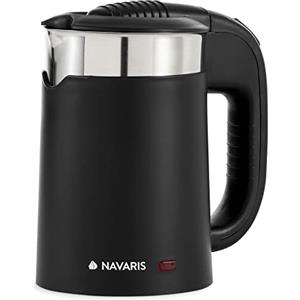 Navaris Bollitore Elettrico Piccolo da Viaggio - Mini Bollitore Acqua 500 ml in Acciaio Inox - Compatto per Ufficio e in Vacanza - 16 x 11 x 17 cm - 1100 Watt con 2 Tazze - Nero