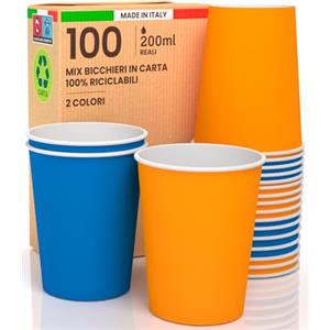 Baciato Caffè 100 Bicchieri in Carta 200ml Mix Energy Ecologici Biodegradabili Monouso Made in Italy Asporto Bevande Calde Acqua - MIX di Colori Blu Arancione - Prodotto e Confezionato in Italia