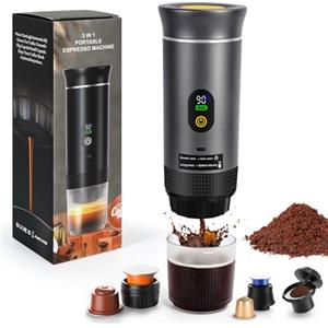 LAMA Macchina da caffè portatile elettrica, compatibile con capsule e polvere, riscaldamento istantaneo per campeggio, auto, viaggio, grigio