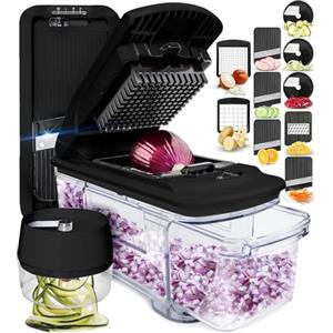 Fullstar Taglia Verdure e Mandolina Affetta Verdure - Tritatutto Manuale Cetrioli Cipolle Carote Patate - Tagliaverdure Multifunzione Cubetti Julienne - Grattugia Formaggio (Tutto-in-1 Nero)