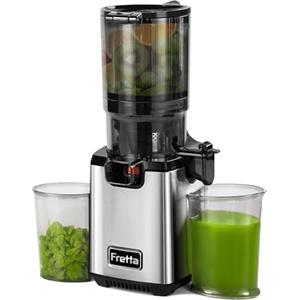 Fretta Slow Juicer, spremiagrumi in acciaio inox, Vincitore del test per frutta e verdura, apertura 135 mm e spremiagrumi da 1,8 l, con funzione inversa, facile da installare (Acciaio Inossidabile)