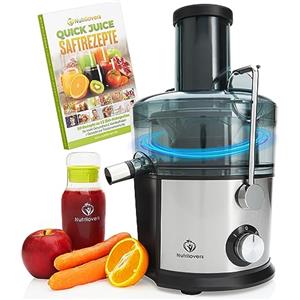 Nutrilovers Vincitore del Test QUICK-JUICER Spremiagrumi in Acciaio Inox per Frutta e Verdura | Ampia Apertura per Centrifugare Frutta Intera, 800W, 2 Velocità, Senza BPA, con Bottiglia + App Ricette