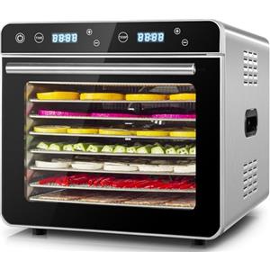 Kwasyo Essiccatore per Alimenti in Acciaio Inox, Area di Essiccazione 0.67 ㎡, 8 Vassoi in Acciaio Inox, Display LED, Timer 24H, Temperatura Regolabile 35℃ - 85℃, per Carne, Frutta, Verdure