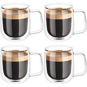 Vicloon Tazza in Vetro a Doppia Parete, Bicchiere Tazzine Termo-isolata, 250 ml Tazza di Vetro con Manico, Calici da Acqua per tè, caffè, Latte, Cappuccino, Espresso, Birra Trasparente, Set di 4