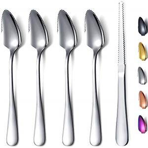 HOMQUEN Set 5 Cucchiai Da Pompelmo, 4 Cucchiai da Pompelmo In Acciaio Inossidabile e 1 Coltello Da Pompelmo Con Placcatura In Titanio, Set Di Utensili Per Pompelmo, Cucchiaio Con Bordi Seghettati