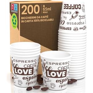 Eurocali 200 Bicchierini in Carta per caffè 65ml LoveWhiteCUP Bicchieri Ecologici Biodegradabili e Monouso Piccoli Asporto Bevande Calde