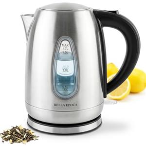 BELLA EPOCA Bollitore Elettrico 1.7L - Acciaio Inox 304 Spazzolato, 2200W, Silenzioso, Doppio Livello Acqua, Filtro Anticalcare, Base Girevole 360°, Spegnimento Automatico - Argentum Family