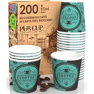 Eurocali 200 Bicchierini in Carta per caffè 65ml PubGreenCUP Bicchieri Ecologici Biodegradabili Monouso Piccoli Asporto Bevande Calde