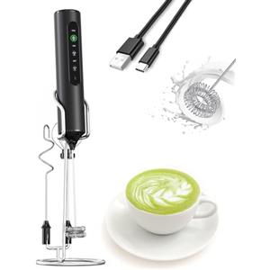 JIMYIU Frullatore Elettrico per Latte 3-in-1 con Supporto, Display LED Ricaricabile e 3 Velocità - Frullino Portatile per Caffè, Frullati Proteici, Cottura - Crea Schiuma per Latte, Cappuccino, Matcha - Nero