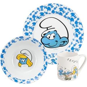 United Labels Set da colazione dei Puffi per bambini - Set di stoviglie 3 pezzi in porcellana con piatto, ciotola e tazza blu