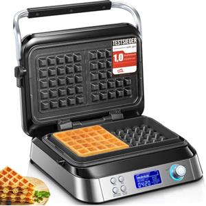 FOHERE Piastra per Waffle Belga 1600 W, Smart Doppia Waffle pro con Display LED, 5 Programmi Diversi, 7 Temperatura Regolabile, Macchina per Waffle Elettrica Antiaderente (D'argento)