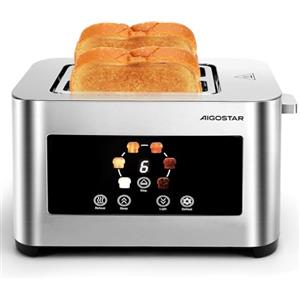 Aigostar Tostapane 2 Fette, LED Touchscreen, Fessure Extra Larghe da 4cm e Centratura Automatica, Tostapane con 6 Livelli di Tostatura, Funzioni di Riscaldamento/Scongelamento/Stop, 850W, Acciaio Inox