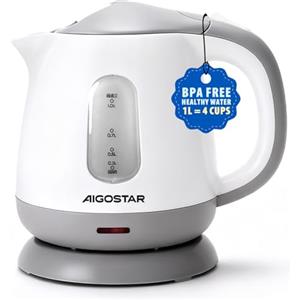 Aigostar Bollitore Elettrico Piccolo 1 litro Bianco Grigio - Mini Bollitore Elettrico da Viaggio Portatile 1100W, Bollitura Rapida, Spegnimento Auto, Senza BPA, Filtro Anticalcare, Facile da Pulire