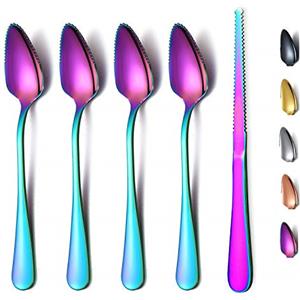 HOMQUEN Set 5 Cucchiai Per Pompelmo Arcobaleno, 4 Cucchiai Per Pompelmo in Acciaio Inossidabile e 1 Coltello Per Pompelmo Con Placcatura in Titanio, Set di Utensili Per Pompelmo,Cucchiaio Con Bordi Seghettati