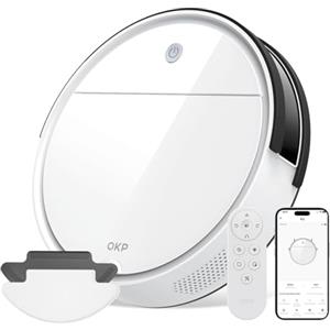 OKP K5 Robot Aspirapolvere Con Telecomando, 2500Pa, 7.8cm Ultra Slim, Ricarica Automatica, Silenzioso, Salviette Monouso, Per Pavimenti Duri/Tappeti/Peli, Alexa/WiFi/App, Bianco
