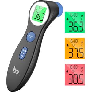 femometer Termometro frontale a infrarossi contactless per neonati adulti, digitale, 2 in 1 a lettura immediata, allarme febbre, display LCD, richiamo memoria con ora esatta, nero