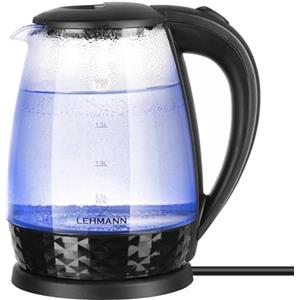 LEHMANN LHOEK-2220C - Bollitore elettrico in vetro, 2 l, 2200 W, bollitore elettrico in vetro, bollitore con serbatoio illuminato e base decorata, cottura rapida e grande capacità