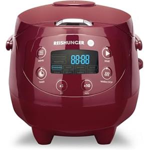 Reishunger Cuociriso digitale piccolo, Bordeaux, 0,6 l a 3 persone, funzione calore, timer, alta qualità, vapore, 8 programmi, tecnologia 7