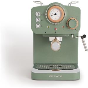 CREATE / THERA RETRO/Macchina per espresso semiautomatica Verde salvia opaco e legno / 20 bar, doppia erogazione, serbatoio da 1,25L, caffè macinato e cialde ESE 55mm, con schiumatore, 1100W