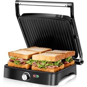 Aigostar Tostapane Piastra 3 in 1, Tostiera Elettrica con Piastre Panini Antiaderenti, 1800 W, Bistecchiera Elettrica con Regolatore di Temperatura, Apertura a 180°, Vassoio Raccogligocce, Calore