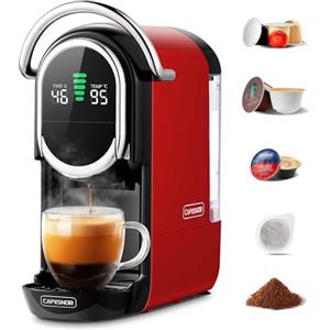 CAPXSNOB Magician1 Mini Macchina da Caffè Cialde 5in1 per Nespresso Originali, Dolce Gusto, Lavazza A Modo Mio, ESE 44 Cialde e Caffè Macinato, 20 Bar, 1450W, Display LED, Acqua Regolabili 7 Livelli (Rosso)