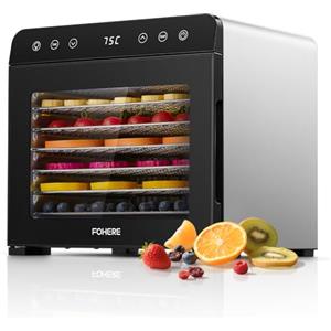 FOHERE Essiccatore Alimentare 8 Vassoi in Acciaio Inox, Silenzioso <40dB per Uso Notturno, Termostato 35-75℃ Timer 48h, per Frutta, Verdura, Carne, Funghi, Erbe, Snack per Bebè