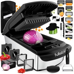 Fullstar Taglia Verdure e Mandolina Affetta Verdure - Tritatutto Manuale Cetrioli Cipolle Carote Patate - Tagliaverdure Multifunzione Cubetti Julienne - Grattugia Formaggio (PRO 14-in-1 Inox Nero)