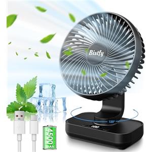 Bistfy Ventilatore da Tavolo Ultra-Silenzioso, 120° di Oscillazione, 90° di Inclinazione Della Testa Regolabile, 14cm Digitale a 4 Velocità 4500mAh Ventilatore da Scrivania Portatile USB Ricaricabile