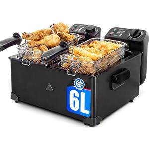 Aigostar Feast - Friggitrice doppia vasca. capacità totale 6L, 2 cestelli da 3L. Controllo termostatico, coperchi con finestre. Friggitrice elettrica professionale senza BPA.3600W