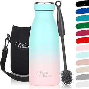 Milu - Thermo in acciaio inox da 350/500/750/1000ml/1,5L borraccia termica, a prova di perdite, a doppia parete, adatta per bevande gassate, con spazzola per la pulizia (Rosa Menta, 350ml)