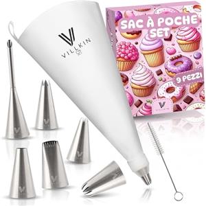 Villkin Set di 9 pezzi con beccucci in acciaio inox e sacchetto da 34 cm - Riutilizzabile e lavabile in lavastoviglie - Ideale per torte, cupcake e biscotti