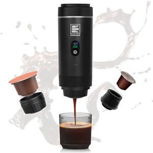 EVERANGE Macchina per caffè espresso elettrica portatile, macchina da caffè da viaggio compatibile con caffè macinato e capsule NS (nera con schermo LCD)