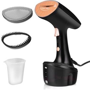 LEHMANN Stiratore Verticale, 1600W, 25 g/min di Vapore, Serbatoio dell'acqua rimovibile da 320ml, Riscaldamento Rapido, Stiro Verticale e Orizzontale, 2 Accessori, Compatto e Leggero, Nero/Rosa Oro