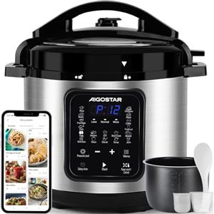 Aigostar Pentola a Pressione Elettrica 6L 1000W, 18 Programmi Automatici, 3 Livelli di Pressione Regolabili, 24H Timer, Funzione Mantieni Caldo, Display LED, Interno Antiaderente, Nero