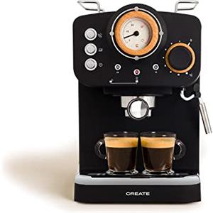 CREATE / THERA RETRO/Macchina per espresso semiautomatica Nero opaco e legno / 20 bar, doppia erogazione, serbatoio da 1,25L, caffè macinato e cialde ESE 55mm, con schiumatore, 1100W
