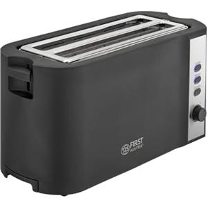 TZS First Austria - Tostapane in acciaio inox a fessura lunga 4 fette - con accessorio panini e vassoio raccogli-briciole - 6 livelli di doratura, funzione scongelamento, 1500W, nero opaco