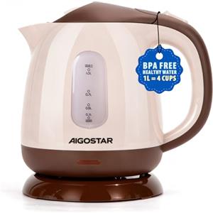 Aigostar Bollitore Elettrico Piccolo 1 litro Marrone - Mini Bollitore Elettrico da Viaggio Portatile 1100W, Bollitura Rapida, Spegnimento Auto, Senza BPA, Filtro Anticalcare, Facile da Pulire