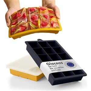 Blumtal stampo ghiaccio silicone 2x15 - stampo ghiaccio con coperchio - stampi ghiaccio per cocktail da 3,3cm - stampi ghiaccio silicone in XL - stampo cubetti ghiaccio senza BPA - nero blu e senape