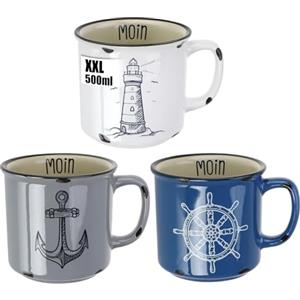 com-four® 3x XXL tazze da caffè in porcellana - Tazza da bere da 500 ml - Tazze da caffè marittime per casa e ufficio - Caffettiera per bevande fredde e calde (3 pezzi - bianco/blu/grigio)