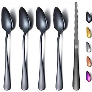 HOMQUEN Set 5 Cucchiai Per Pompelmo Nero, 4 Cucchiai Per Pompelmo In Acciaio Inossidabile e 1 Coltello Per Pompelmo Con Placcatura in Titanio, Set Di Utensili Per Pompelmo, Cucchiaio Con Bordi Seghettati