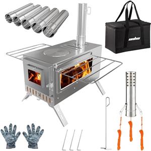 UNHO Stufa a Legna per Tenda da Campeggio: Fornello da campeggio in Acciaio Inox, Stufa Riscaldamento per Tenda da campeggio Portatile da Esterno, Con Finestra di osservazione del Fuoco