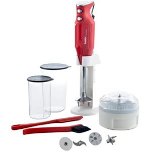 bamix M350 MAXX - Set frullatore a immersione con supporto, 2 bicchieri, 4 attrezzi, processore, spatola, spazzola per la pulizia, 300 Watt, prodotto in Svizzera, colore rosso e cromato