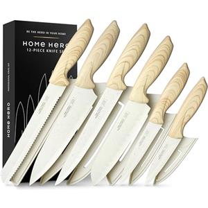 Home Hero Set di coltelli da cucina con affilacoltelli - Ceppo coltelli in acciaio inossidabile ad alto tenore di carbonio con manici ergonomici (12 pezzi - Crema)