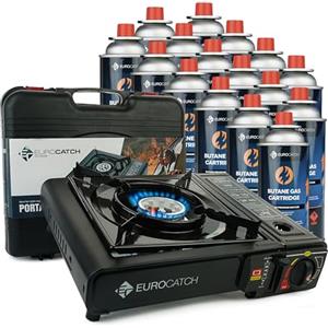 Eurocatch Fornello da Campeggio a Gas - Include 16 Bombolette - Cartuccia per Fornello da Campeggio