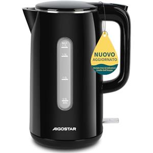 Aigostar Bollitore Elettrico Acciaio Inox Nero 1,7 Litri - Bollitura Rapida Electric Kettle 2200W, Doppio Isolamento, Senza Plastica All'interno, Senza BPA, Visualizzazione del Livello Dell'acqua