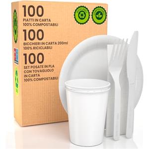 Baciato Caffè Kit Picnic 100 Piatti in Bioplastica Diametro 21 cm + 100 Bicchieri in Carta Bianchi 200ml + 100 Posate Set Forchetta Coltello e Tovagliolo Ecologico Super Resistente